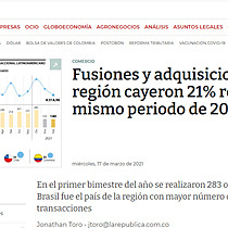 Fusiones y adquisiciones en la regin cayeron 21% respecto al mismo periodo de 2020